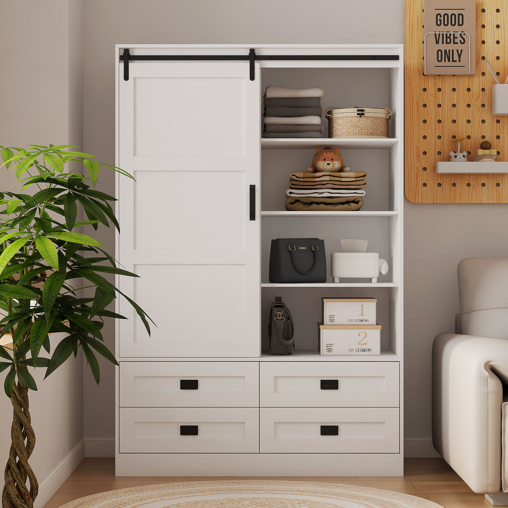 Tall Anthony & Home armoire with barn door featuring wooden panels and black metal hardware, standing on a white background.