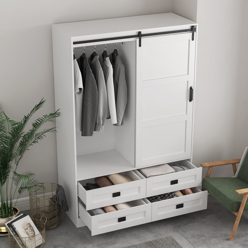 Tall Anthony & Home armoire with barn door featuring sleek wood finish and rustic hardware in a modern bedroom setting.