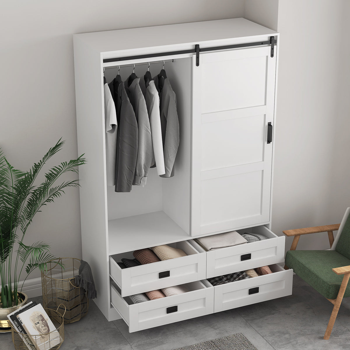 Tall Anthony & Home armoire with barn door featuring sleek wood finish and rustic hardware in a modern bedroom setting.