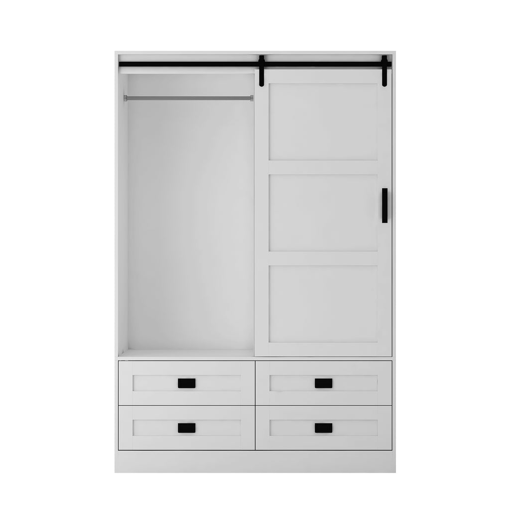 Tall Anthony & Home armoire with barn door, featuring wood finish and spacious interior storage.