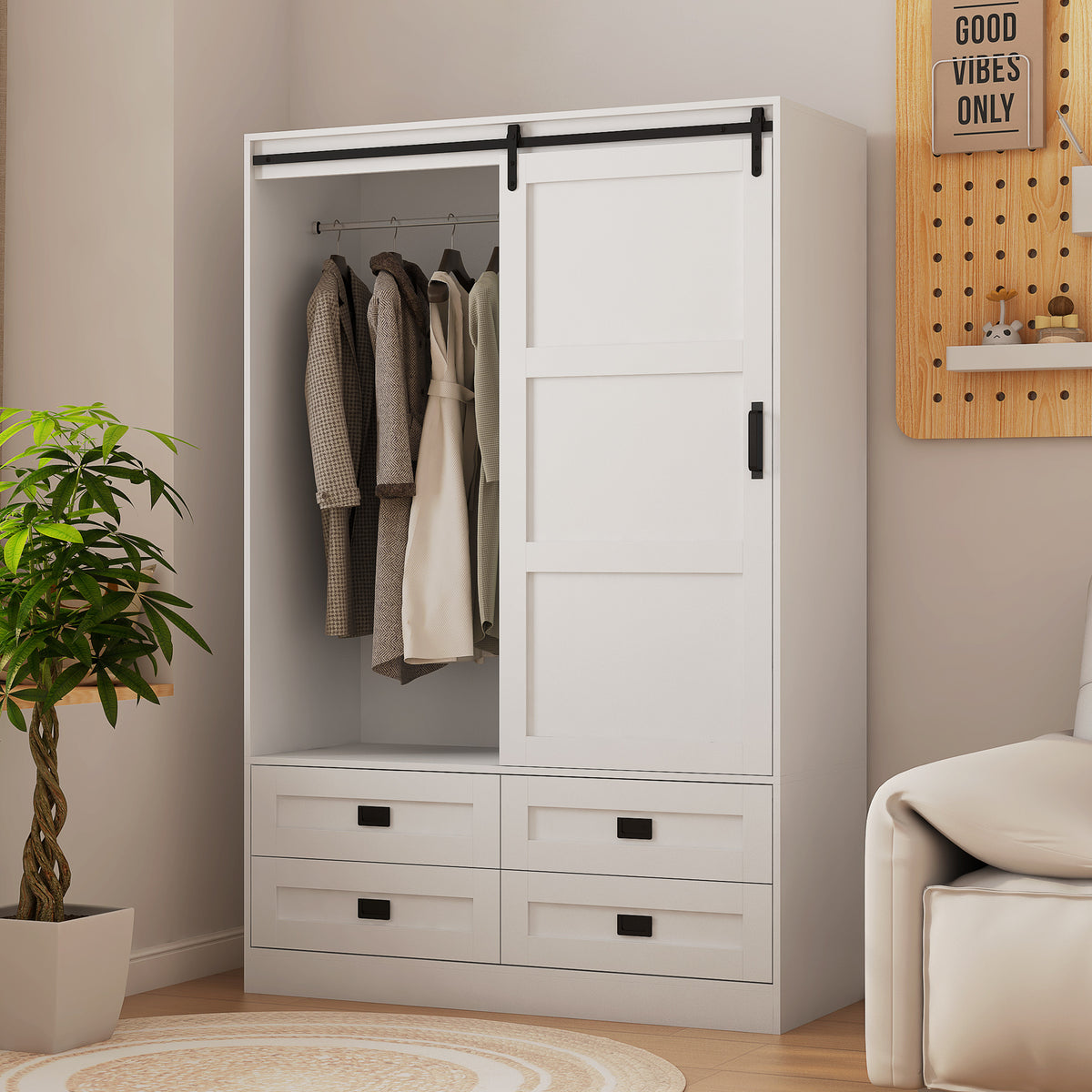 Tall Anthony & Home armoire with barn door featuring sleek wood finish and modern design for stylish storage.