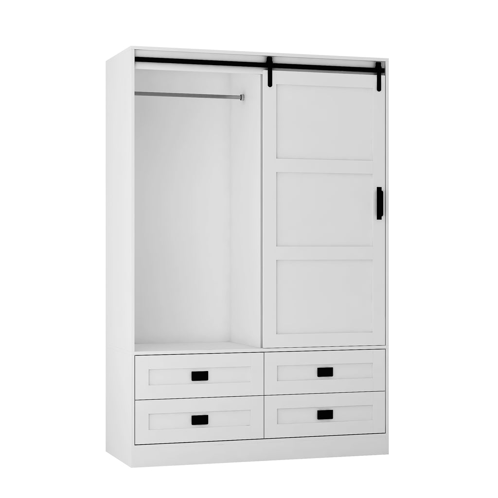 Tall Anthony & Home armoire with barn door, featuring wood finish and modern farmhouse style, showcasing spacious storage and rustic design.