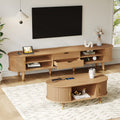 Teak veneer mid-century media console with sliding doors from Anthony & Home's Atelier Collection, showcasing sleek wooden finish and modern design.