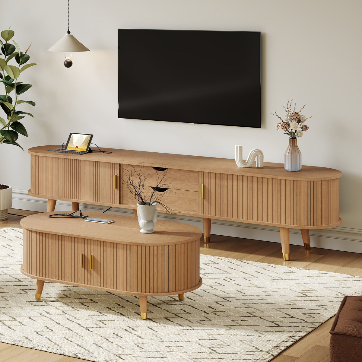 Anthony & Home Teak Veneer Mid-Century Media Console with sliding doors from the Atelier Collection, showcasing sleek wood finish and modern design.
