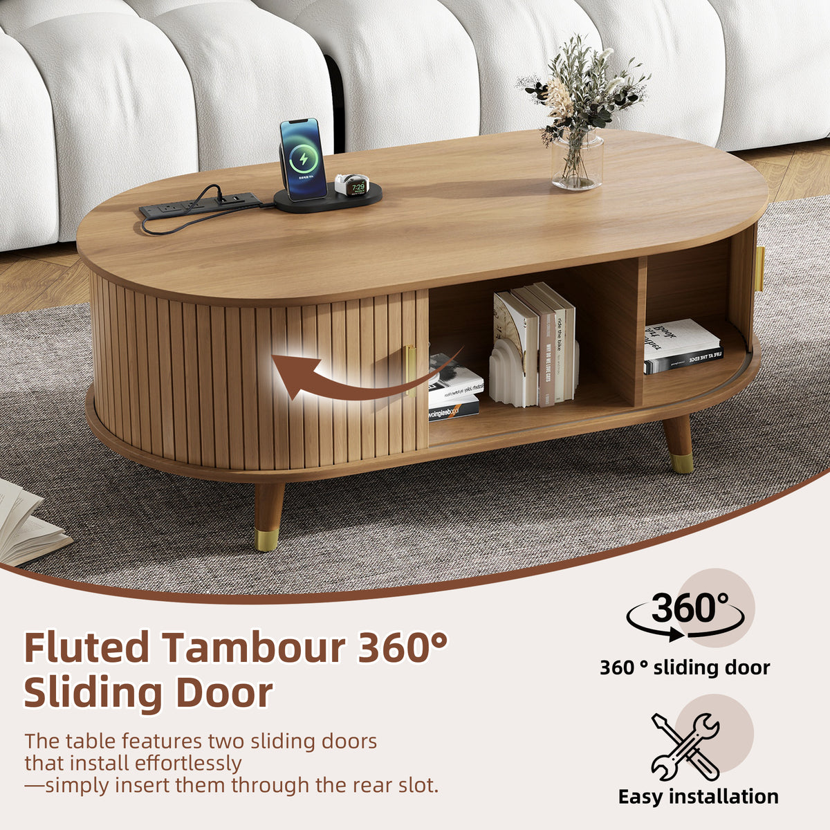 Anthony & Home Teak Veneer Mid-Century Media Console with sliding doors from the Atelier Collection, showcasing sleek wood grain and modern design.