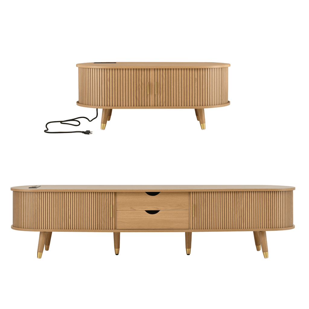 Teak veneer mid-century media console with sliding doors from Anthony & Home's Atelier Collection, showcasing sleek wood finish and modern design.