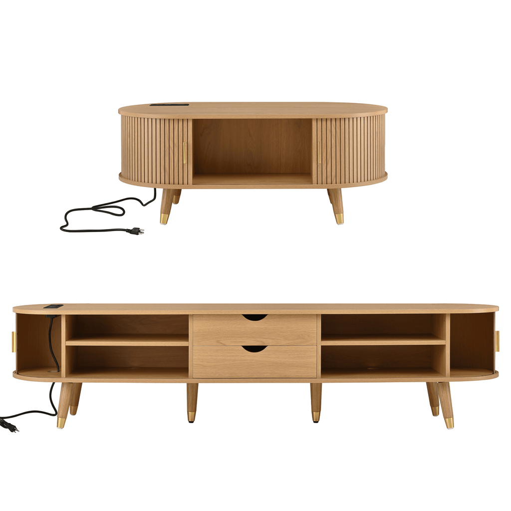 Anthony & Home Teak Veneer Mid-Century Media Console with sliding doors from the Atelier Collection, showcasing sleek wood finish and modern design.