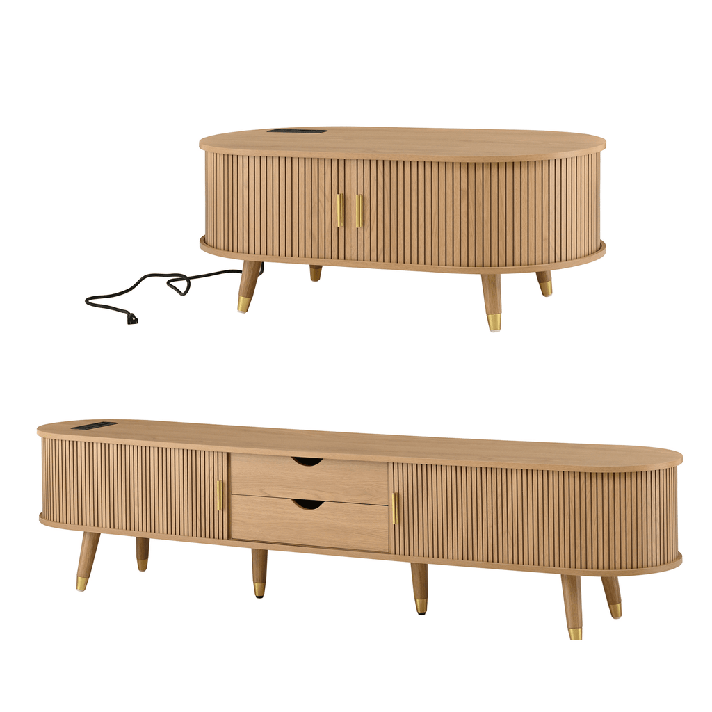 Teak veneer mid-century media console with sliding doors from Anthony & Home's Atelier Collection, featuring sleek design and wood grain details.