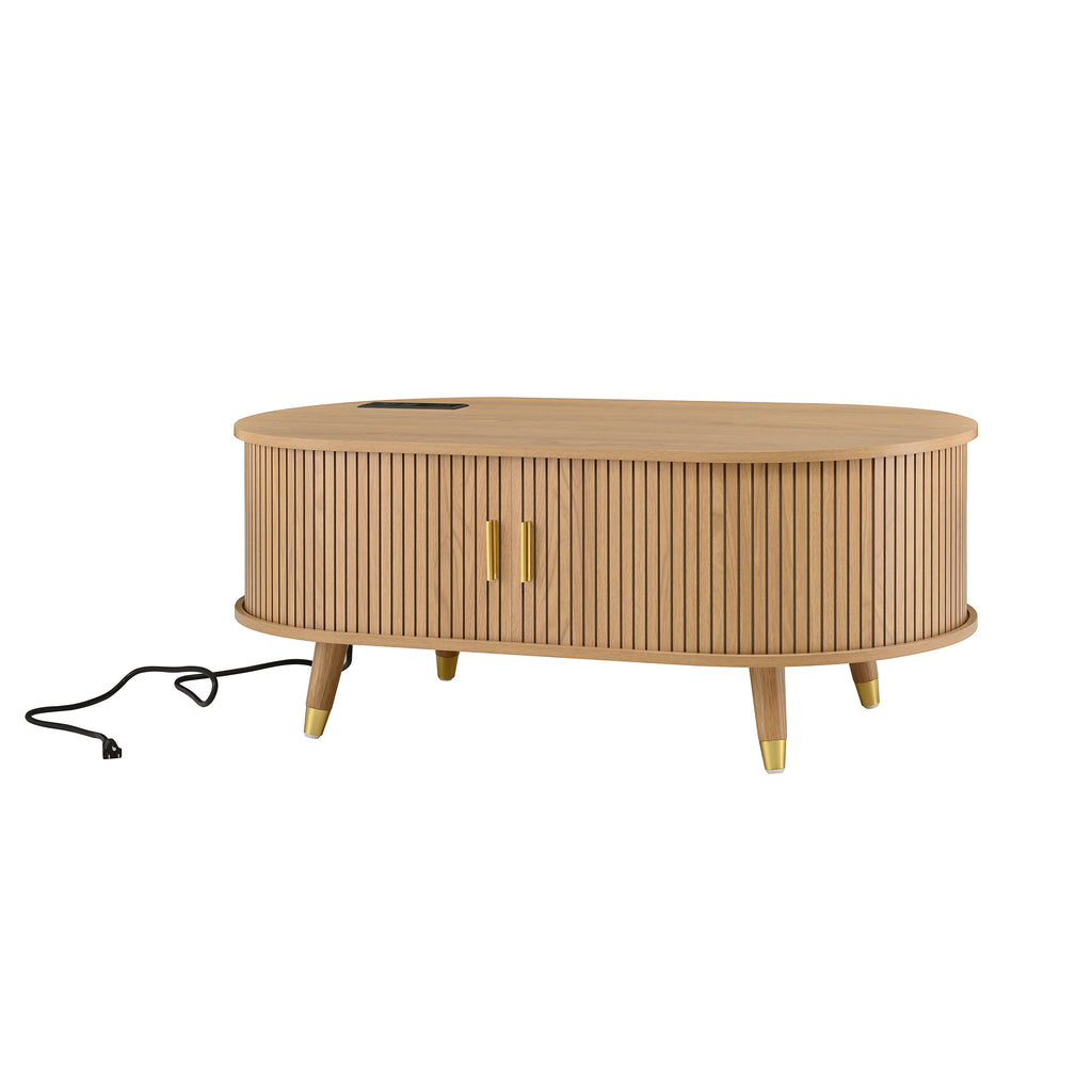 Teak veneer mid-century media console with sliding doors from Anthony & Home's Atelier Collection, featuring sleek wood finish and modern design.