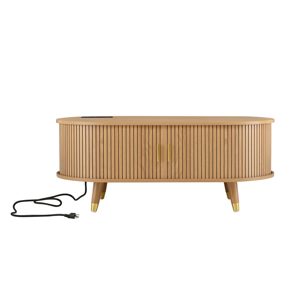 Anthony & Home Teak Veneer Mid-Century Media Console with sliding doors from the Atelier Collection, showcasing sleek wood finish and modern design.