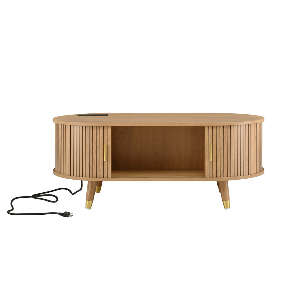 Anthony & Home Teak Veneer Mid-Century Media Console with sliding doors from the Atelier Collection, showcasing sleek wood finish and modern design.