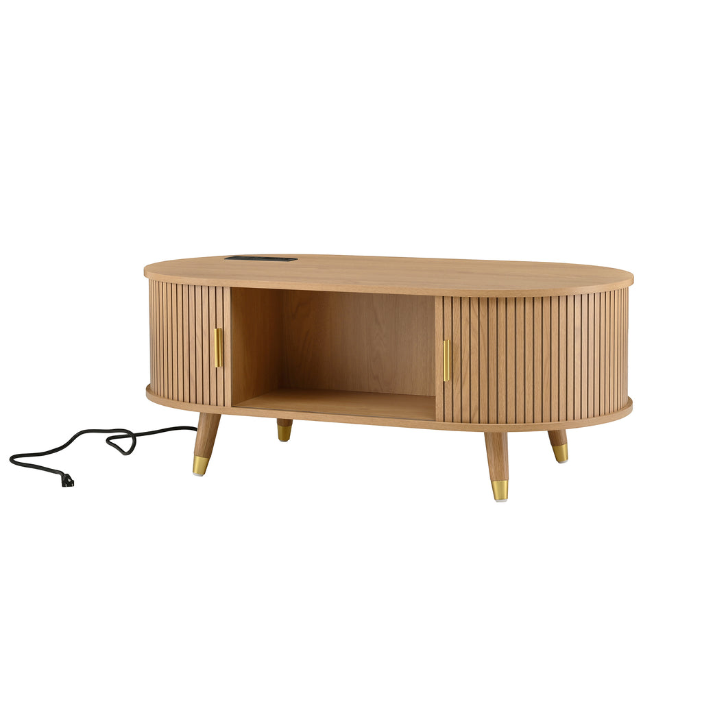 Anthony & Home Teak Veneer Mid-Century Media Console with sliding doors from the Atelier Collection, showcasing sleek wood finish and modern design.