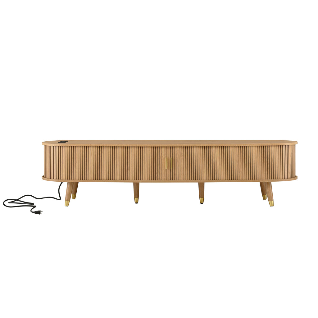 Teak veneer mid-century media console with sliding doors from Anthony & Home's Atelier Collection, showcasing sleek modern design.
