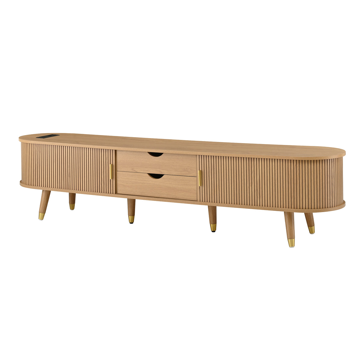 Anthony & Home Teak Veneer Mid-Century Media Console with sliding doors from the Atelier Collection, showcasing a sleek wood finish.