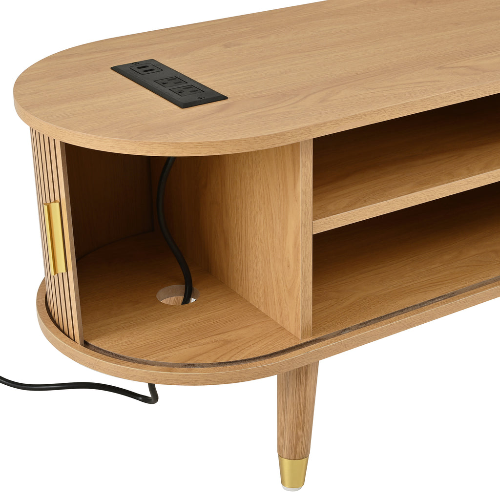 Anthony & Home Teak Veneer Mid-Century Media Console with sliding doors from the Atelier Collection, showcasing sleek wood finish and modern design.