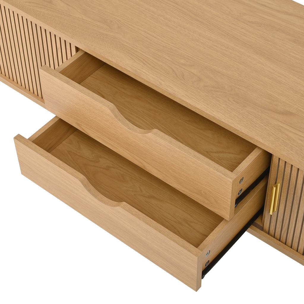 Teak veneer mid-century media console with sliding doors from Anthony & Home's Atelier Collection, showcasing sleek wood finish and modern design.