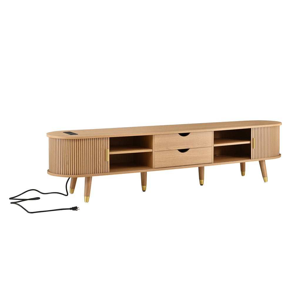 Anthony & Home Teak Veneer Mid-Century Media Console with sliding doors from the Atelier Collection, showcasing sleek wood finish.