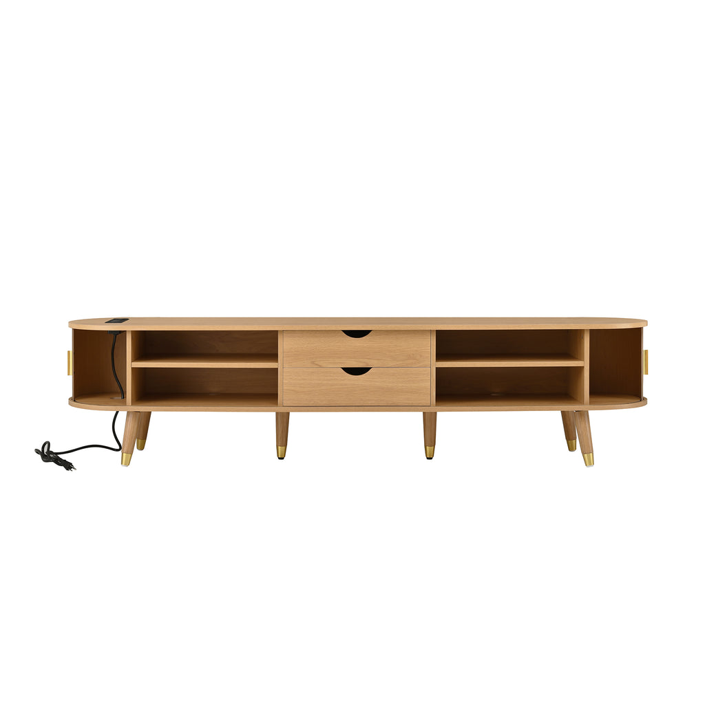 Anthony & Home Teak Veneer Mid-Century Media Console with sliding doors from the Atelier Collection, showcasing sleek wood finish and modern design.