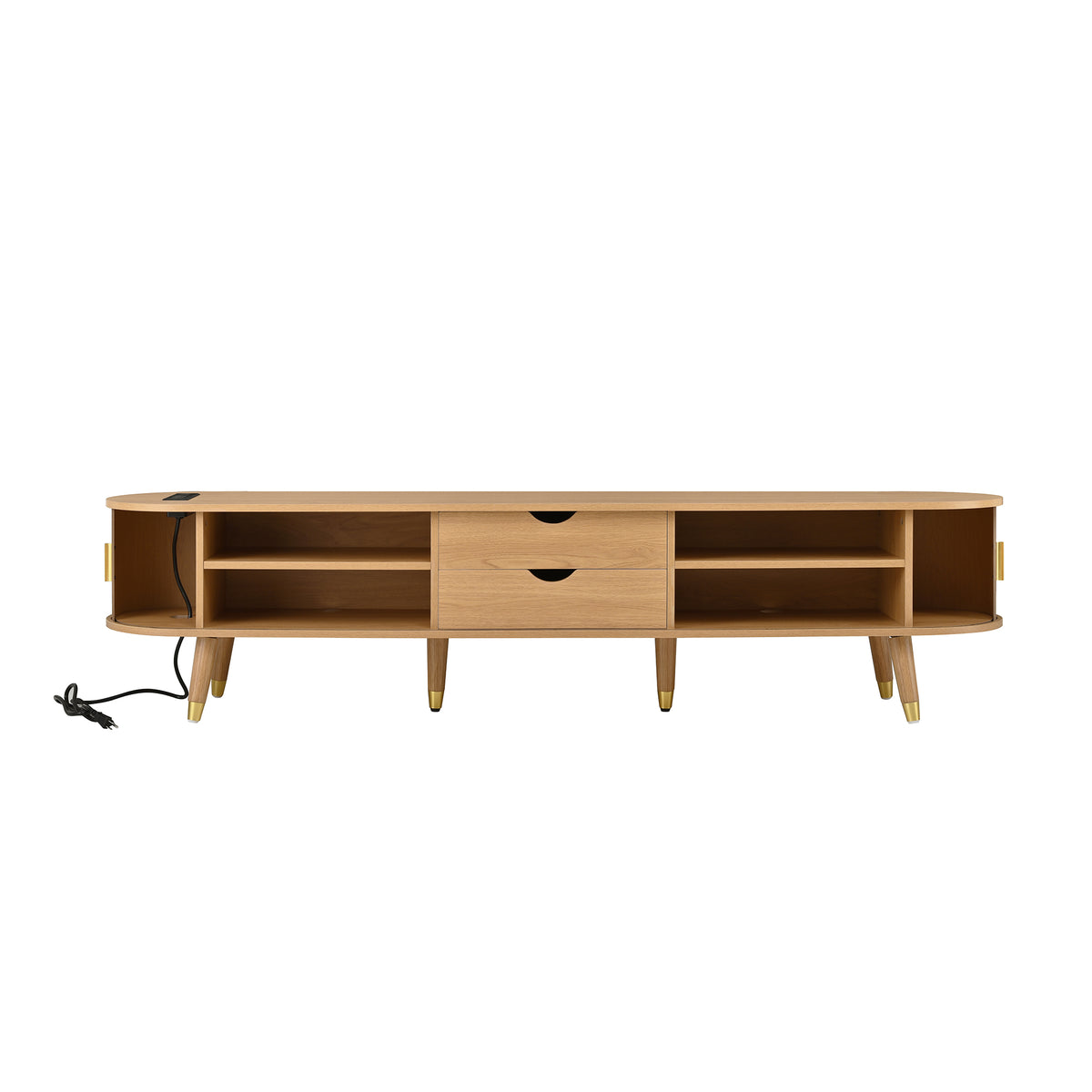 Anthony & Home Teak Veneer Mid-Century Media Console with sliding doors from the Atelier Collection, showcasing sleek wood finish and modern design.
