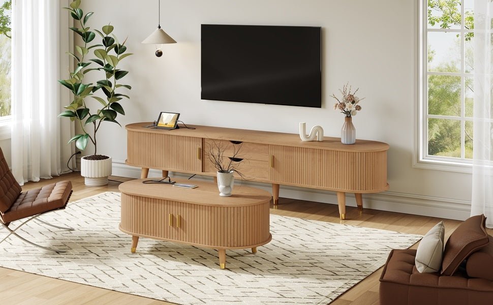 Anthony & Home teak veneer mid-century media console with sliding doors from the Atelier Collection, featuring clean lines and warm wood finish.