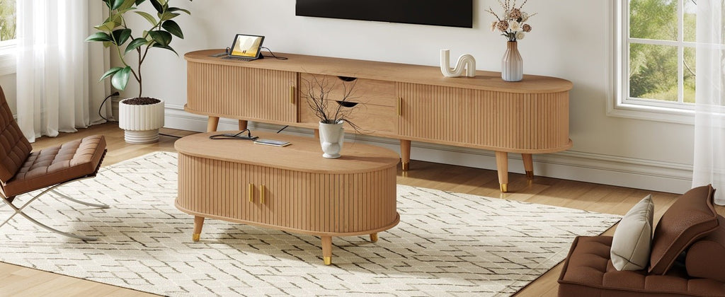 Anthony & Home Teak Veneer Mid-Century Media Console with sliding doors from the Atelier Collection, showcasing sleek wood finish and modern design.