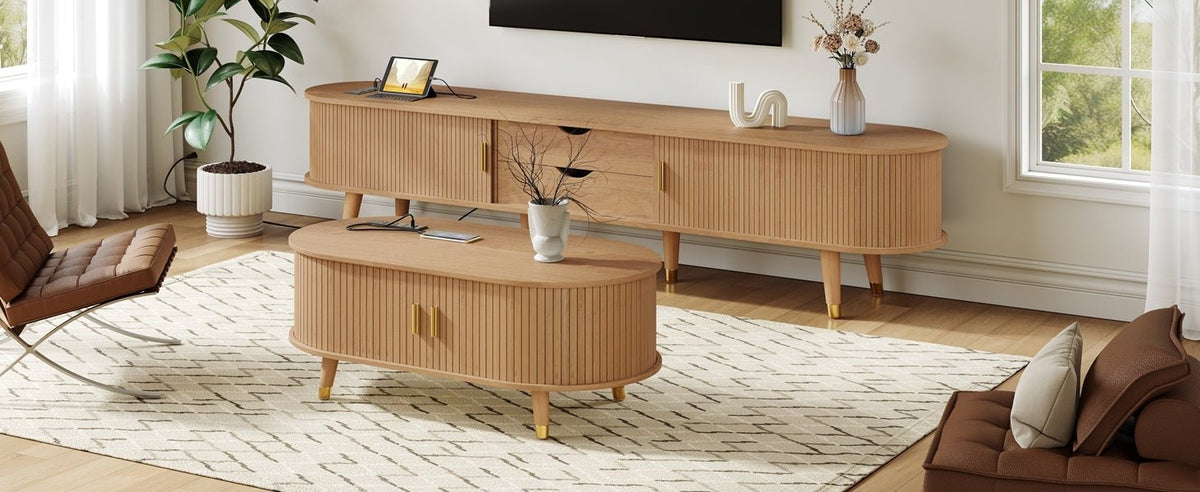 Anthony & Home Teak Veneer Mid-Century Media Console with sliding doors from the Atelier Collection, showcasing sleek wood finish and modern design.