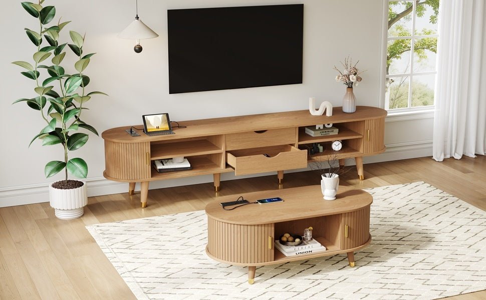 Anthony & Home Teak Veneer Mid-Century Media Console with sliding doors from the Atelier Collection, showcasing sleek wood finish and modern design.