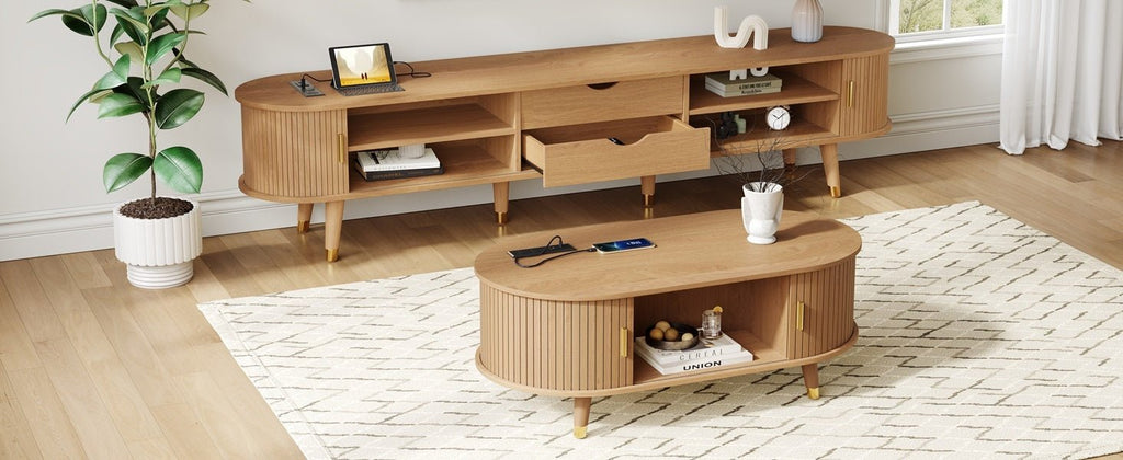 Anthony & Home Teak Veneer Mid-Century Media Console with sliding doors from the Atelier Collection, showcasing a sleek modern design.