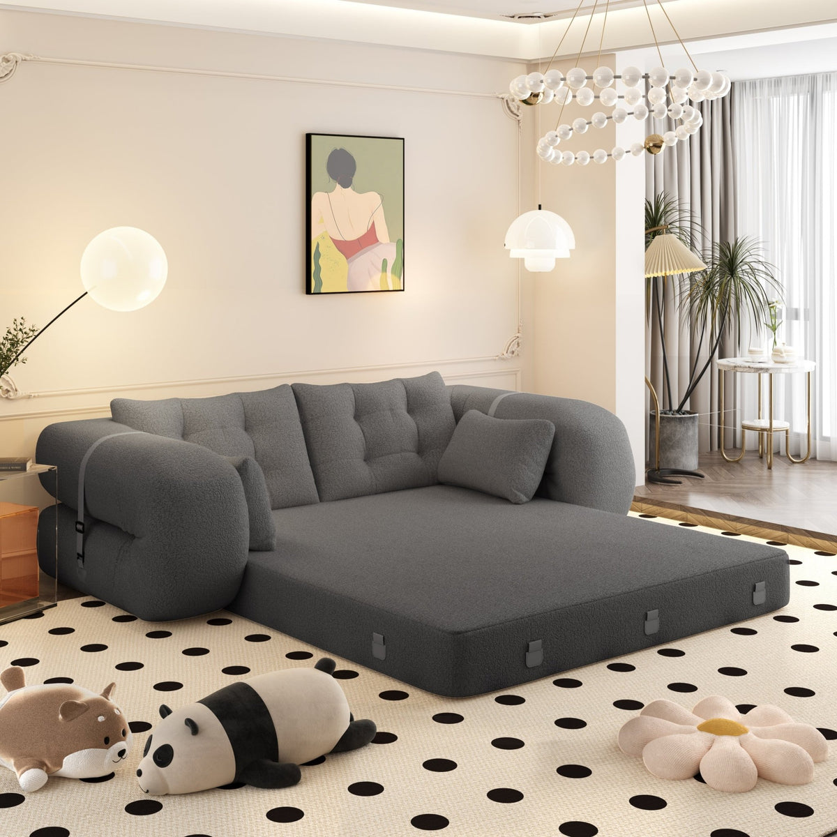 Anthony & Home Teddy Fabric Sofa Bed 3-in-1 Studio, showing a stylish, plush sofa that converts into a bed with soft teddy fabric upholstery.