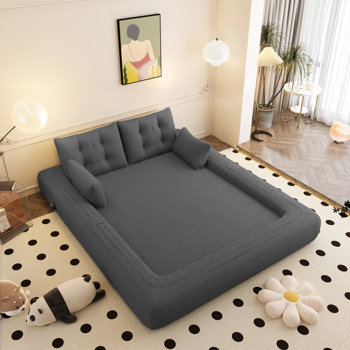 Anthony & Home Teddy Fabric Sofa Bed 3-in-1 studio with plush upholstery, showing the sofa in its bed and sofa configurations.
