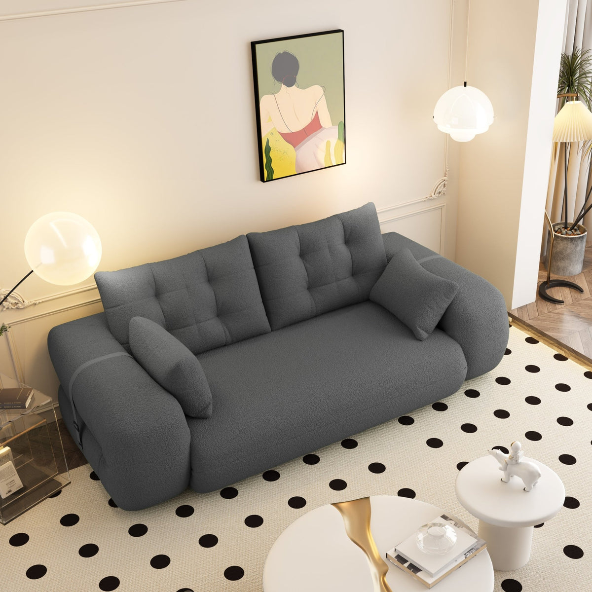 Anthony & Home Teddy Fabric Sofa Bed 3-in-1 studio showing a plush, tan-colored sofa bed with cushions and a modern design.