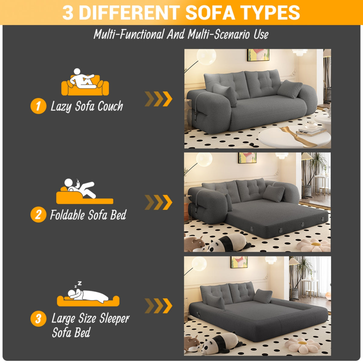Anthony & Home Teddy Fabric Sofa Bed 3-in-1 studio with plush teddy fabric, convertible design, and modern comfort for versatile seating and sleeping.