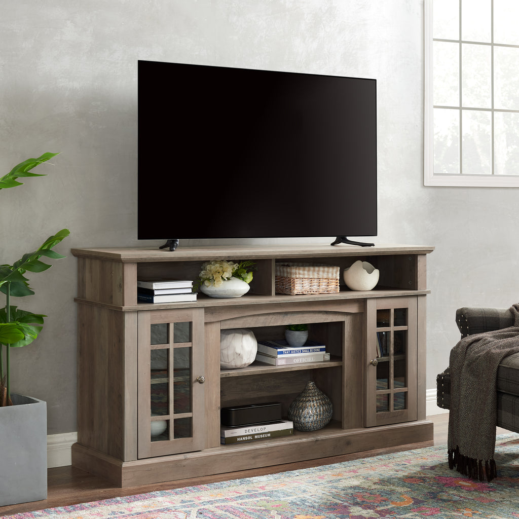 Anthony & Home gray wash media console with open shelving and storage compartments for TV and media accessories.