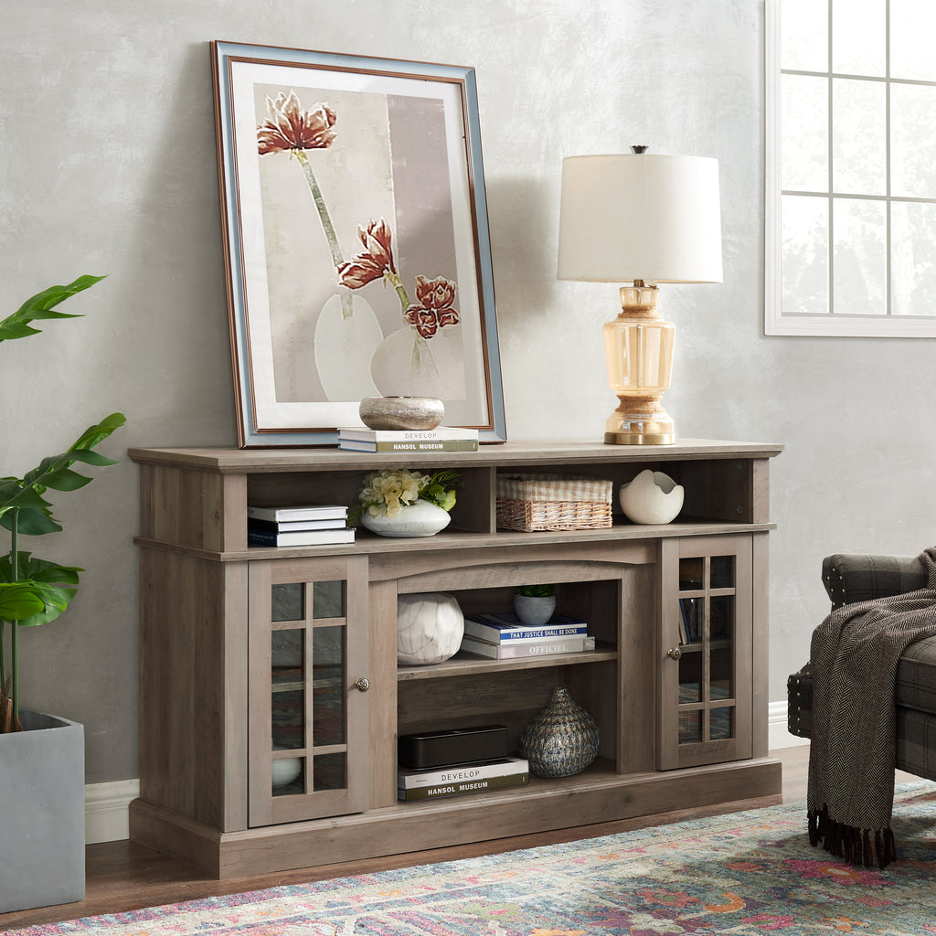 Anthony & Home gray wash finish TV media console with open shelving and storage compartments for modern living spaces.