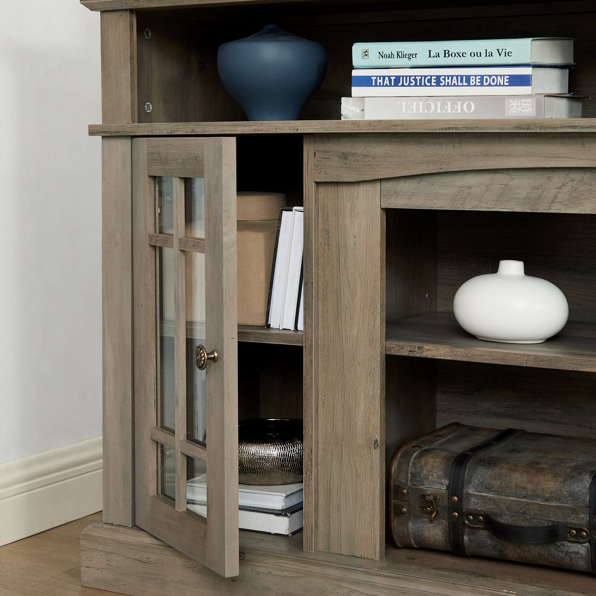 Anthony & Home gray wash finish television media console with sleek storage compartments and modern design.