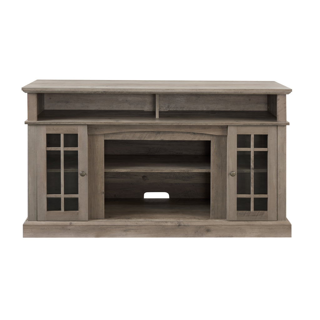 Gray wash finish television media console by Anthony & Home with storage shelves and modern design.