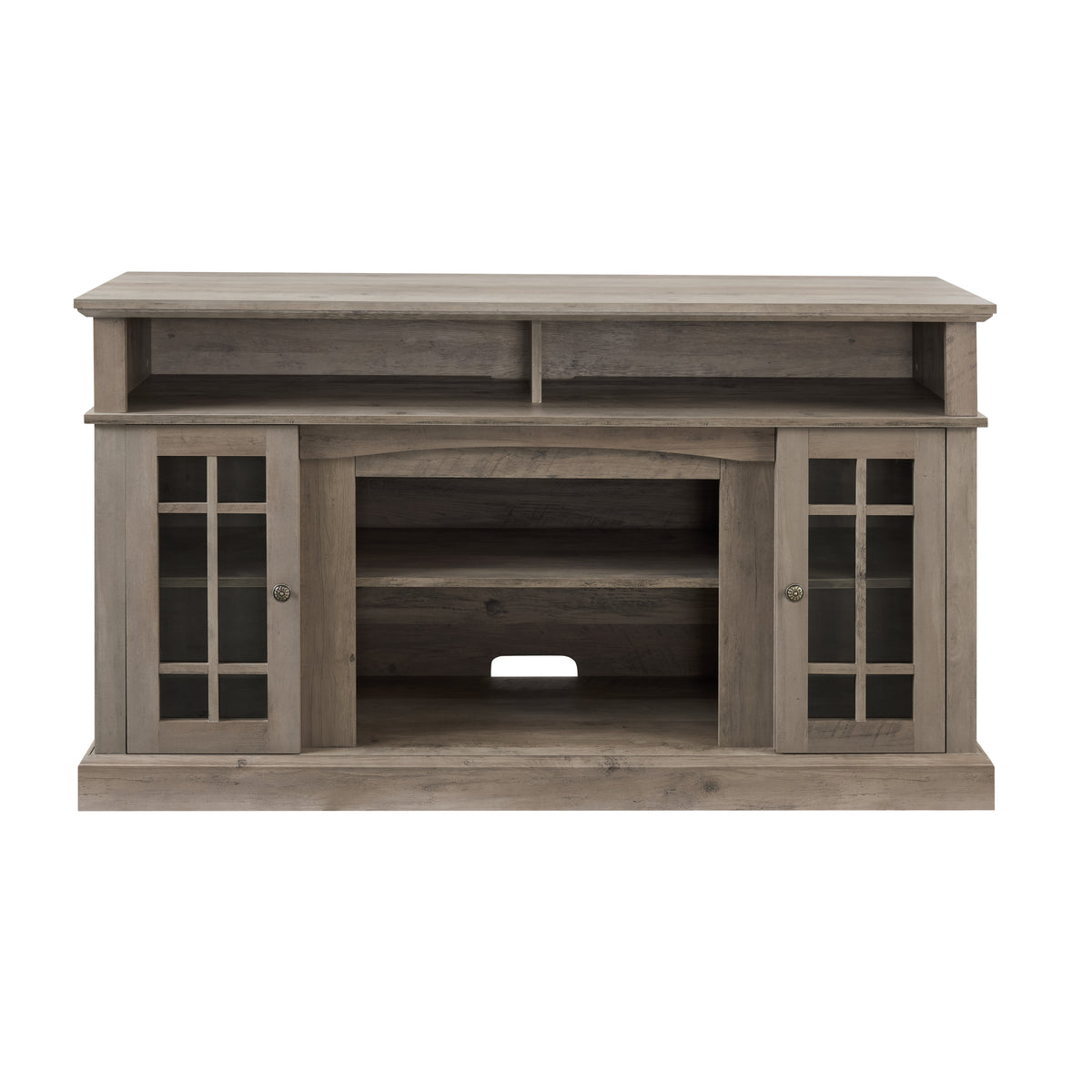 Gray wash finish television media console by Anthony & Home with storage shelves and modern design.