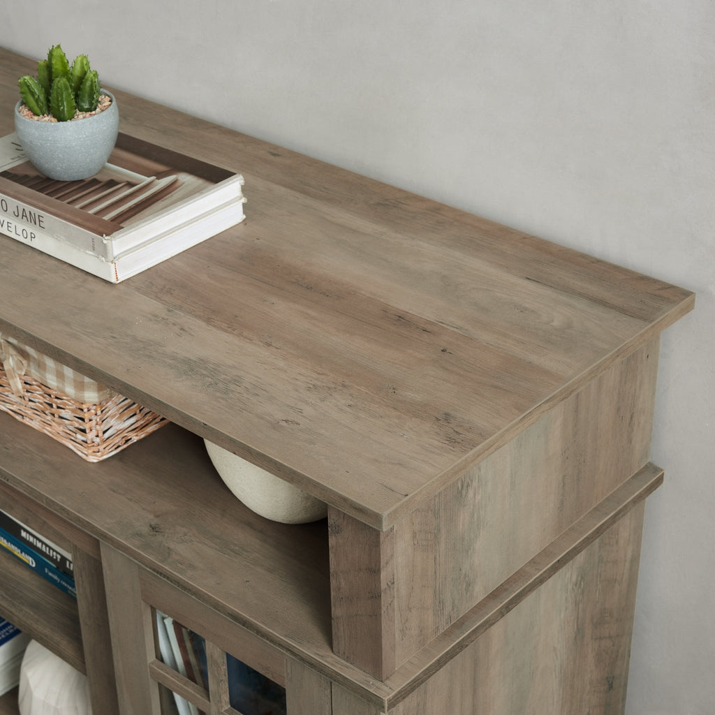 Gray wash finish Anthony & Home media console with spacious shelves and sleek design for TV and media storage.