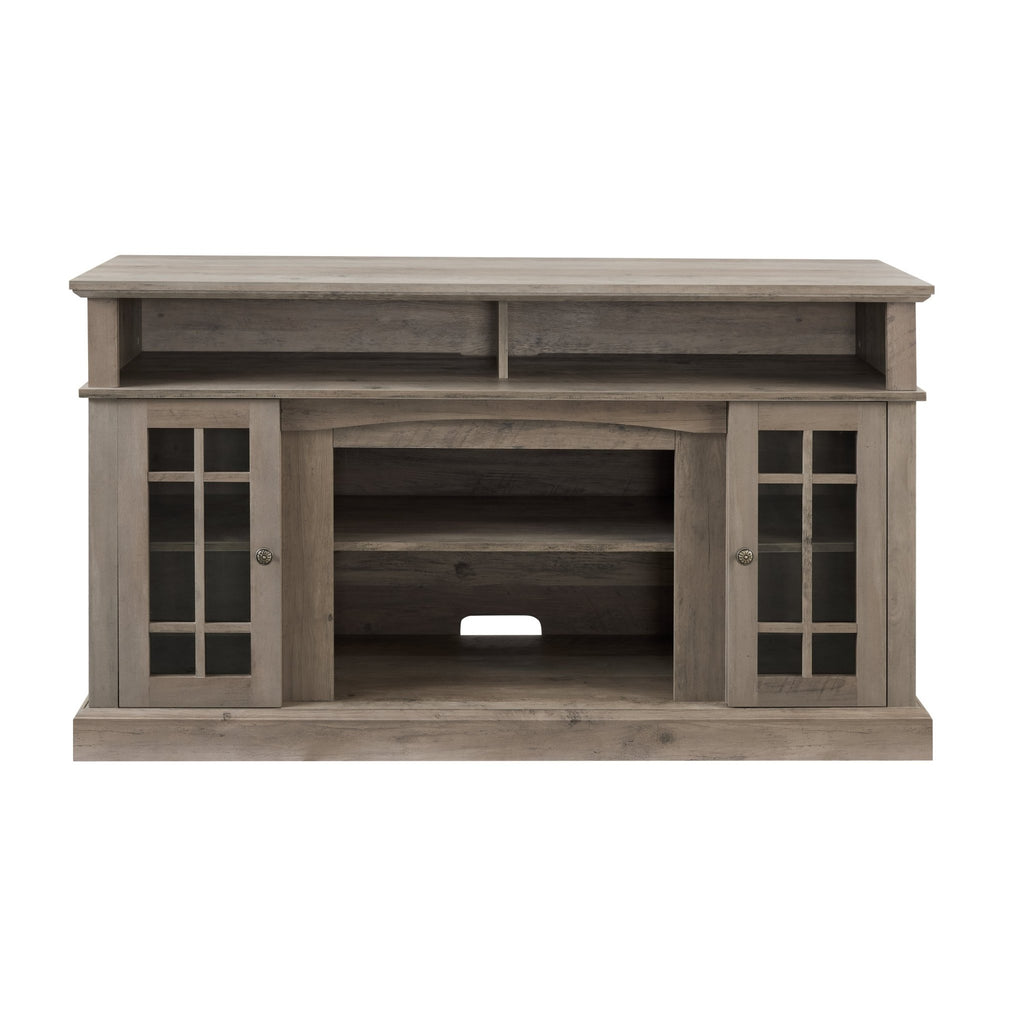 Anthony & Home gray wash finish media console for television, featuring sleek storage compartments and modern design.