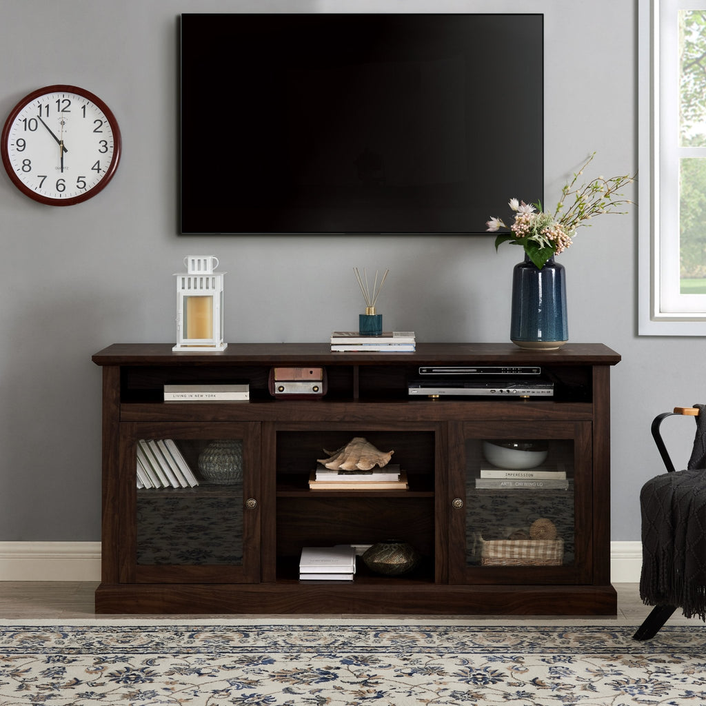 Contemporary walnut-textured MDF television media stand with open and closed storage from Anthony & Home collection.
