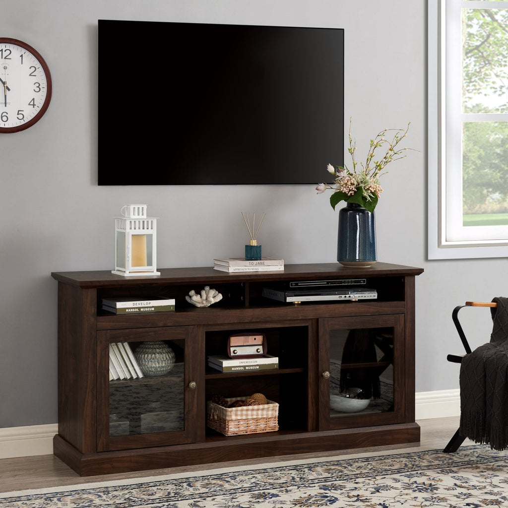 Contemporary walnut textured MDF television media stand with open and closed storage from Anthony & Home collection.