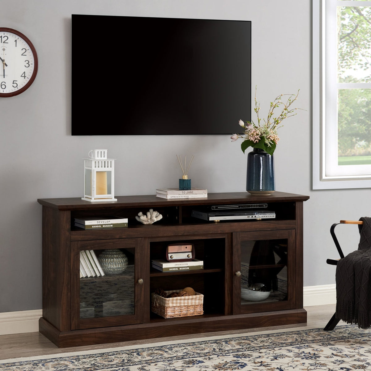 Contemporary walnut textured MDF television media stand with open and closed storage from Anthony & Home collection.