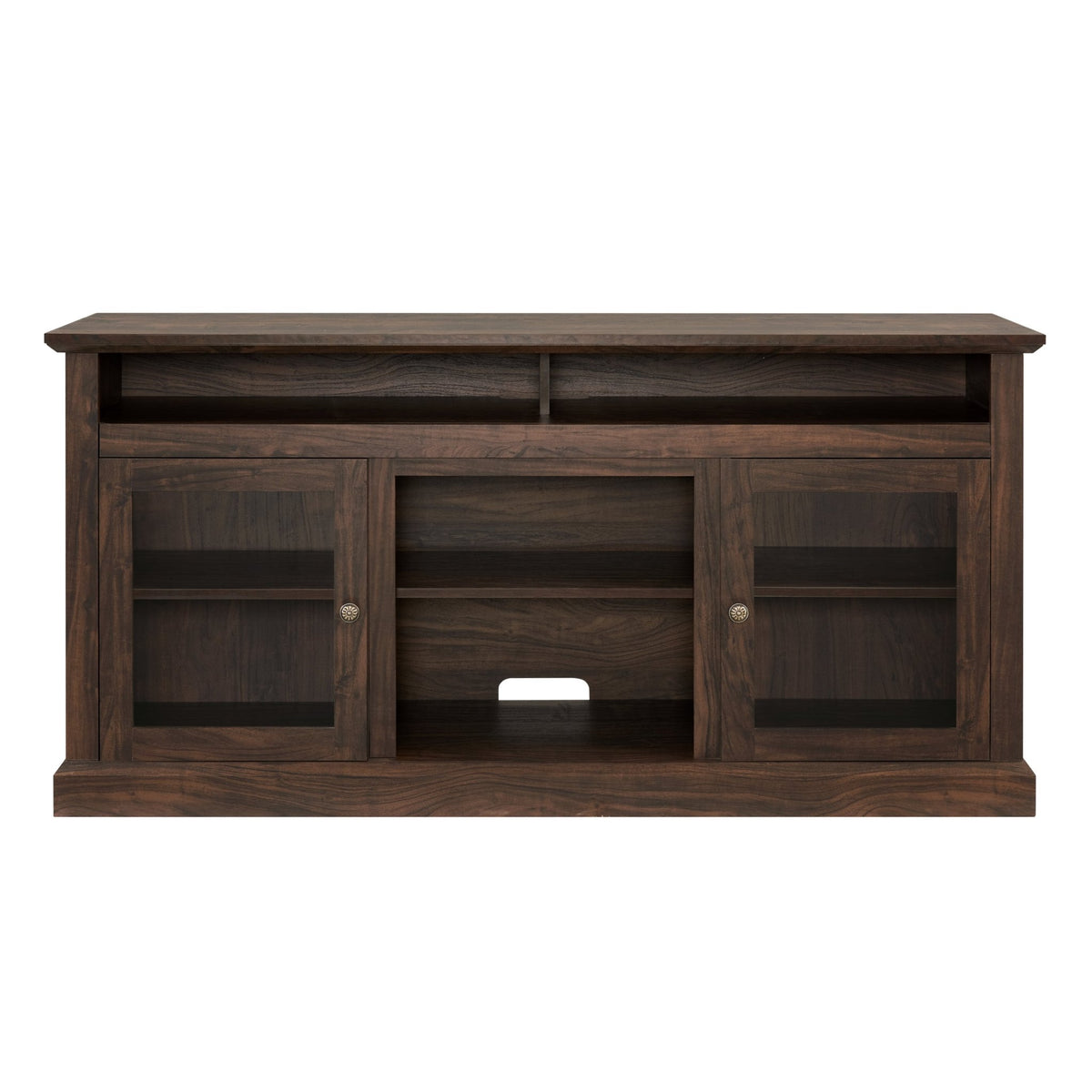 Contemporary walnut textured MDF television media stand with open and closed storage from Anthony & Home's exclusive collection.
