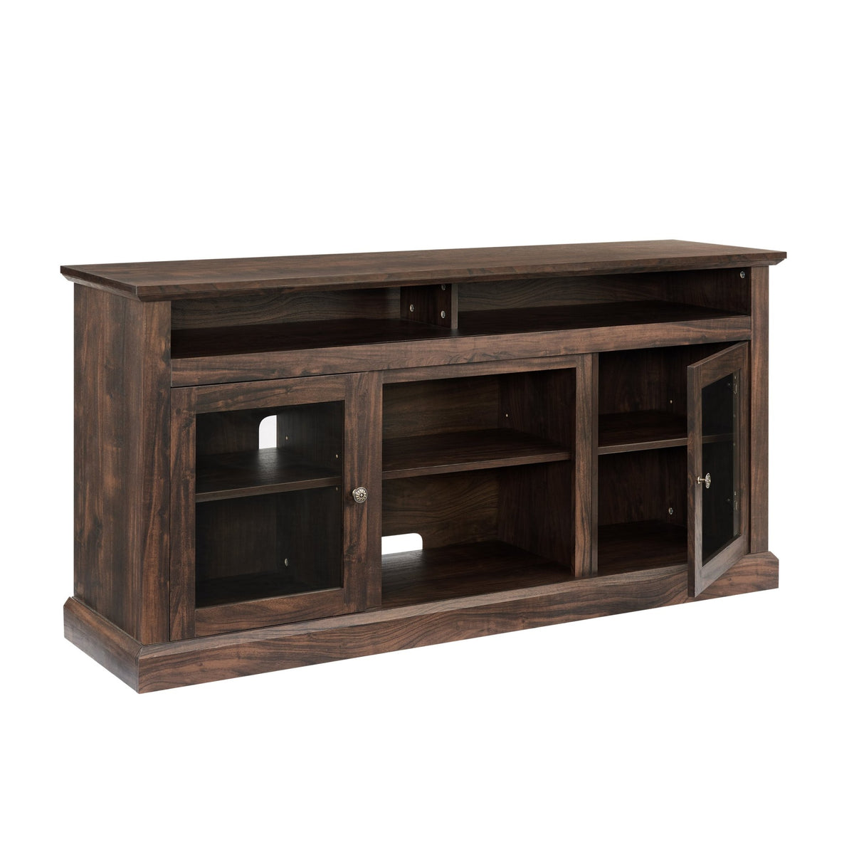 Contemporary walnut-textured MDF TV media stand with open and closed storage, part of Anthony & Home's exclusive collection.