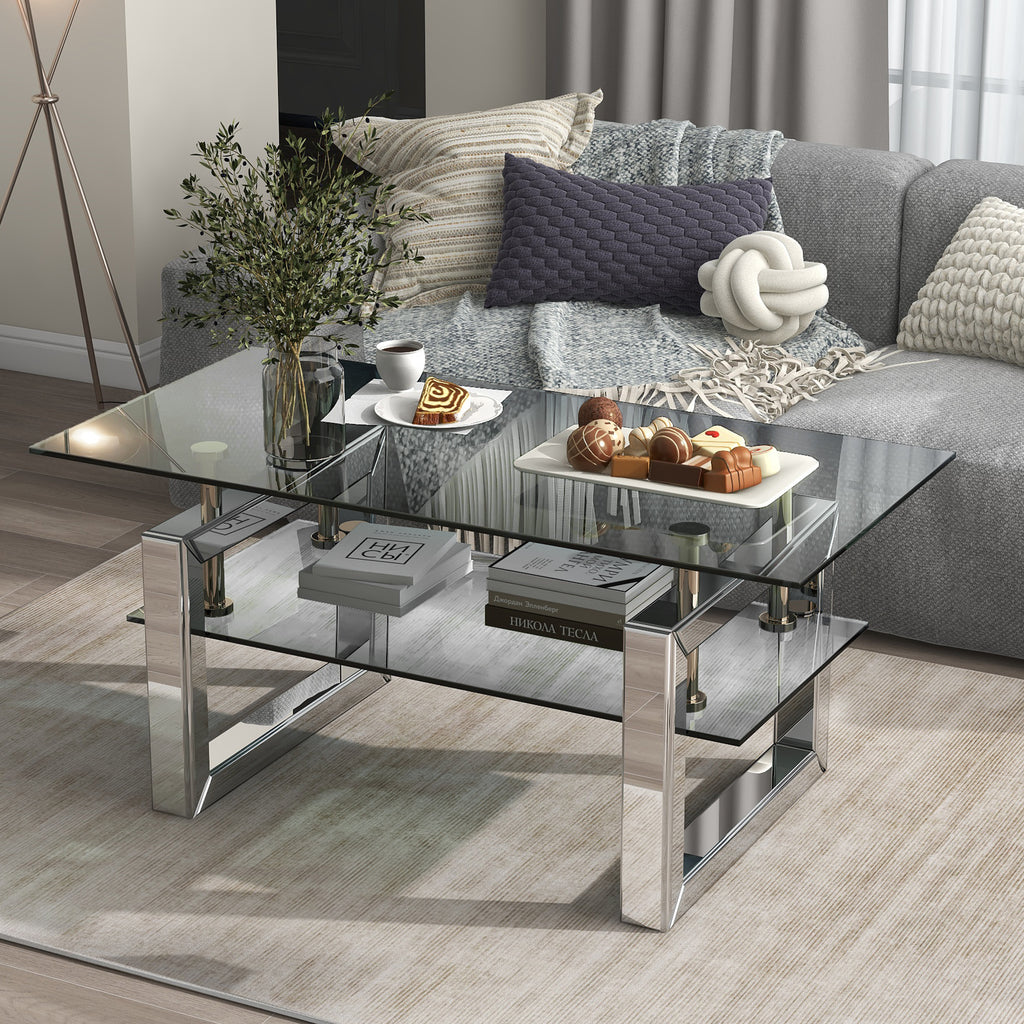 Anthony & Home tempered glass coffee table with a 6mm silver finish glass top and metal pedestal base in the exclusive collection.