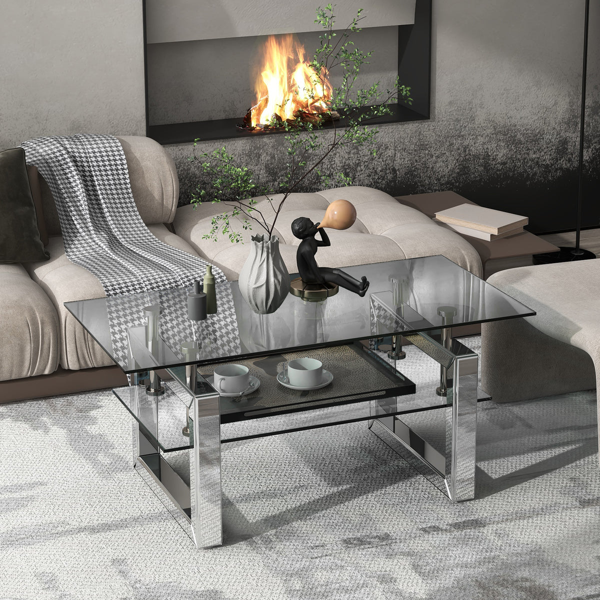 Anthony & Home tempered glass coffee table with a 6mm silver finish glass top and metal pedestal base in an exclusive collection style.