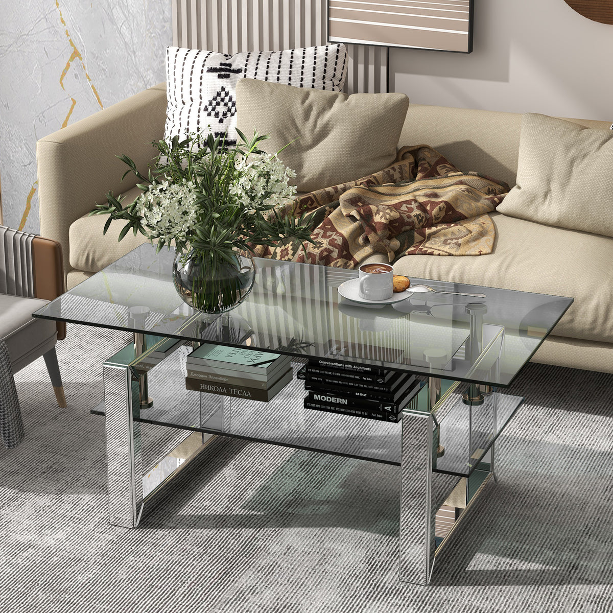 Anthony & Home tempered glass coffee table with a silver-finish metal pedestal base, 6mm thick, from the exclusive collection.