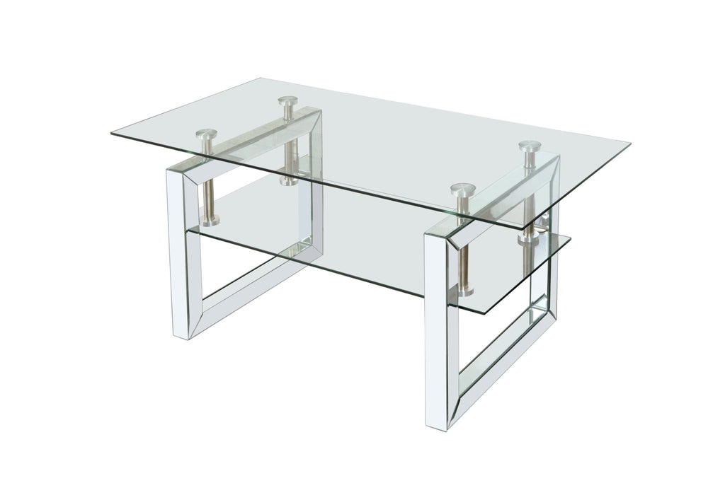 Anthony & Home tempered glass coffee table with a 6mm silver-finish metal pedestal base, modern and sleek in design.