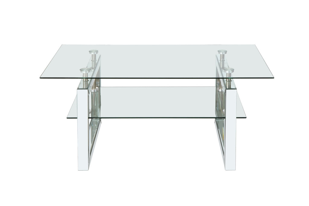 Anthony & Home tempered glass coffee table with a sleek 6mm silver finish glass top and metal pedestal base.