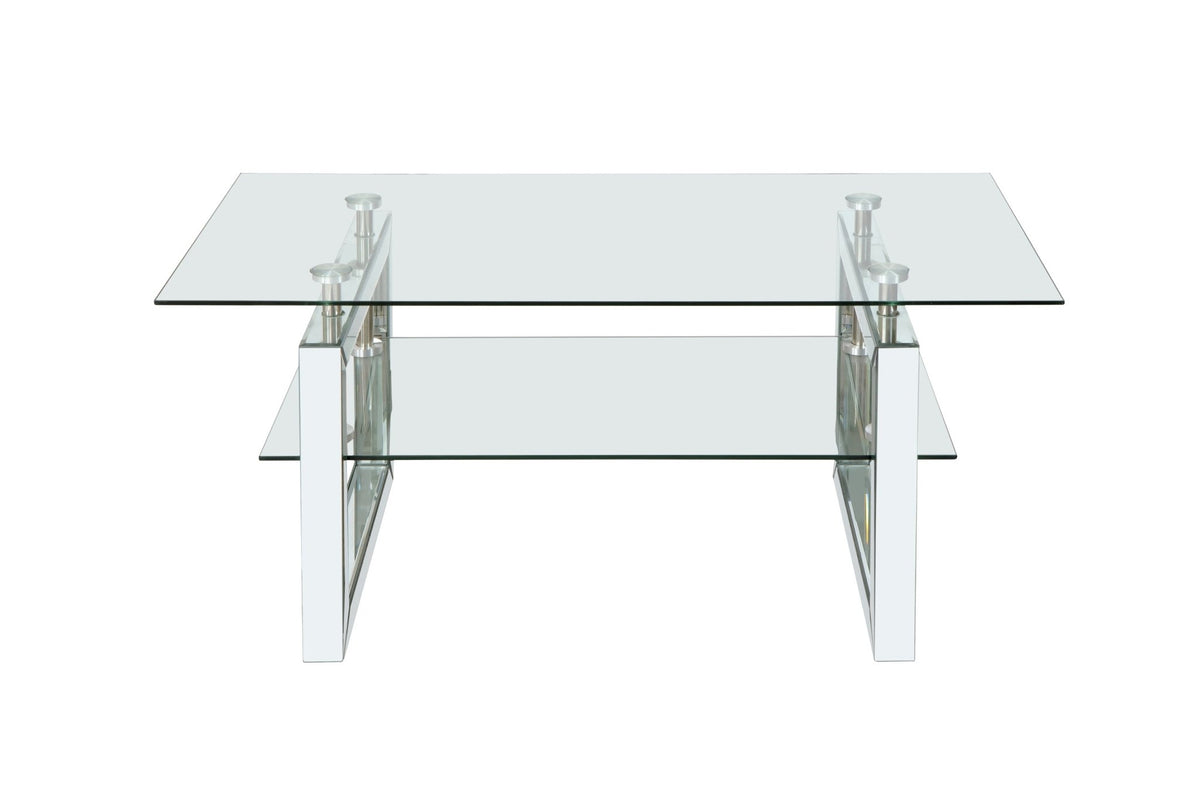 Anthony & Home tempered glass coffee table with a sleek 6mm silver finish glass top and metal pedestal base.